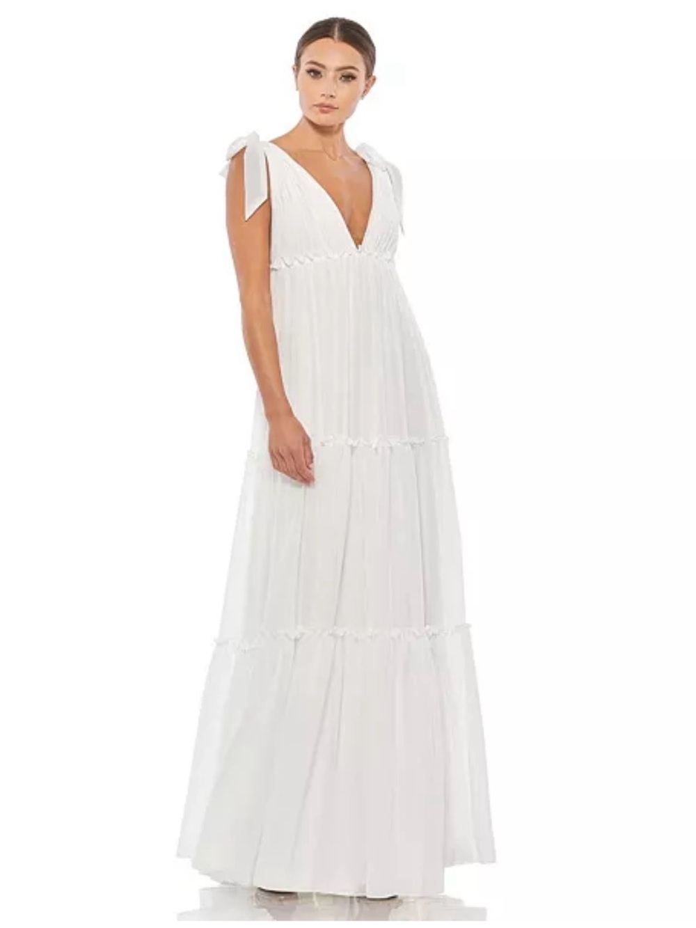 NWT Ieena for Mac Duggal Tiered V-Neck Plunging Maxi Dress Size 2 White Layered